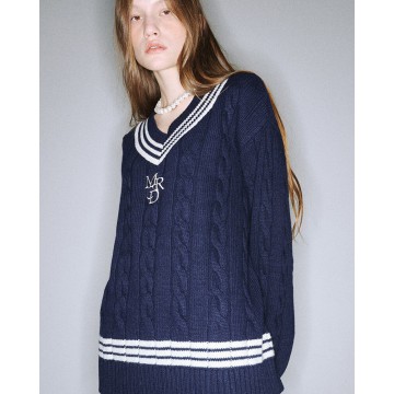 韓國MARDI MERCREDI - CASHMERE BLENDED CABLE OVERSIZED V NECK (NAVY WHITE)