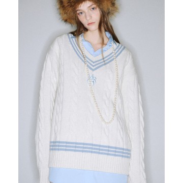 韓國MARDI MERCREDI - CASHMERE BLENDED CABLE OVERSIZED V NECK (IVORY SKY)