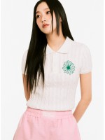 韓國MARDI MERCREDI - COTTON CABLE TOP COLLAR SHORT SLEEVE_WHITE GREEN