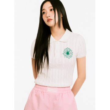 韓國MARDI MERCREDI - COTTON CABLE TOP COLLAR SHORT SLEEVE_WHITE GREEN