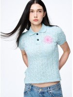 韓國MARDI MERCREDI - MOHAIR CABLE TOP COLLAR SHORT SLEEVE_MINT PINK