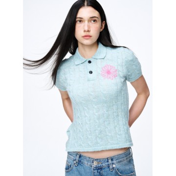 韓國MARDI MERCREDI - MOHAIR CABLE TOP COLLAR SHORT SLEEVE_MINT PINK