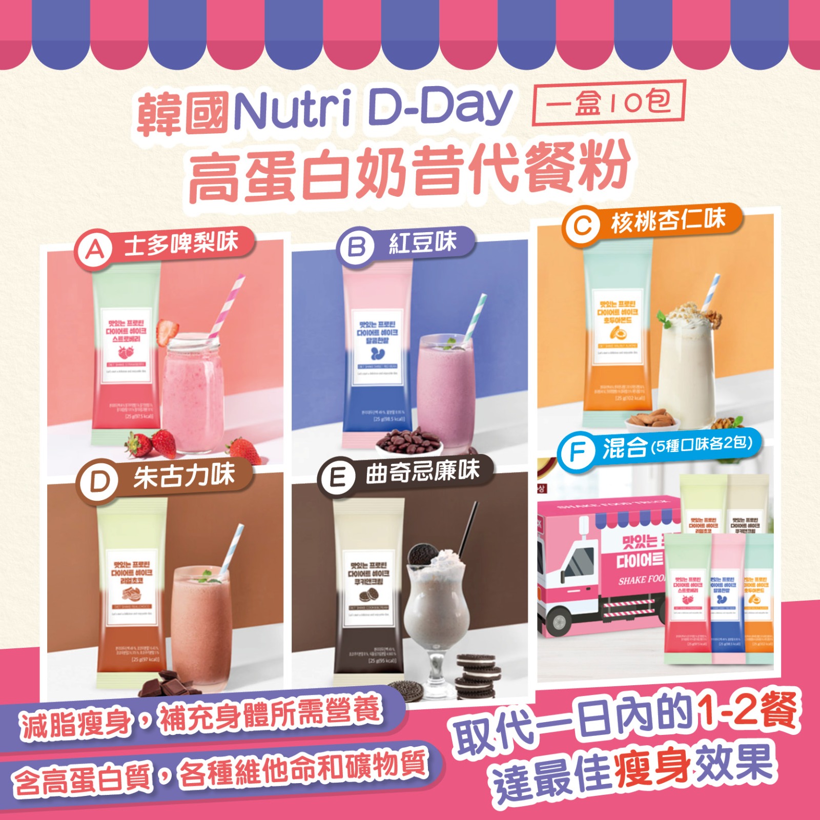 韓國nutri D Day 高蛋白奶昔代餐粉 1盒10包 雜錦